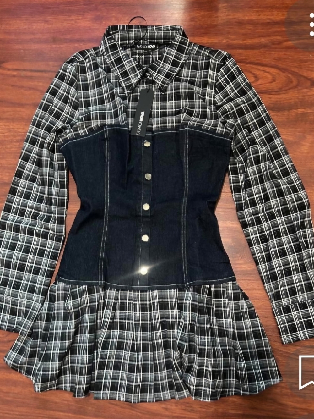Fashion Nova Black & White Plaid Corset-Style Jean Jacket